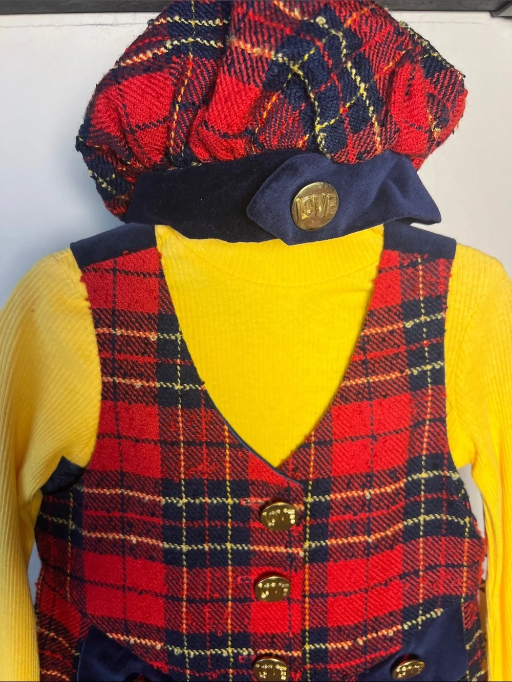 Kids Vintage Plaid Red & Navy Jumpsuit with Yellow Top And Matching Hat
